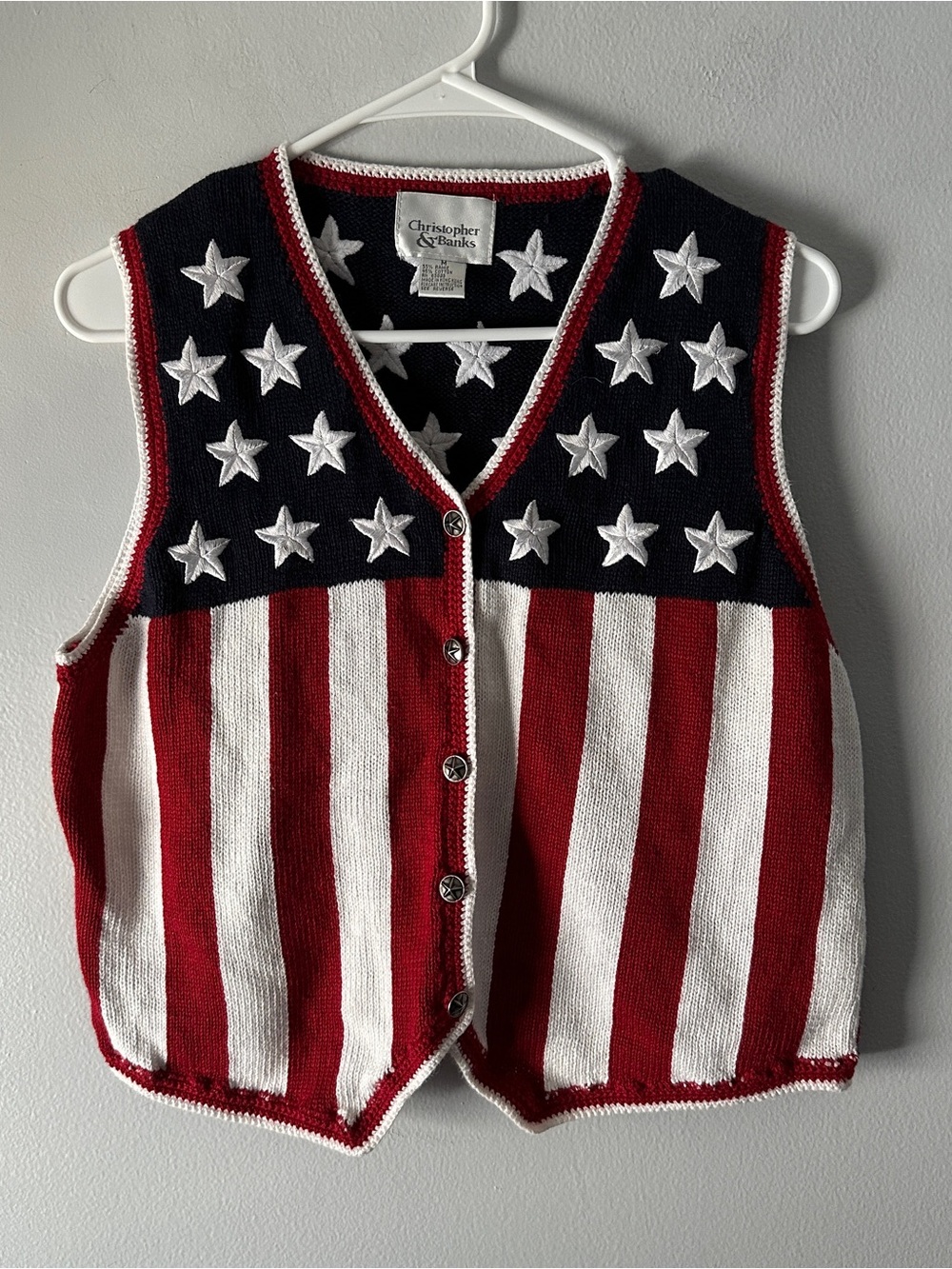 Vintage Christopher & Banks Red White Blue Star Knit Vest Size Medium